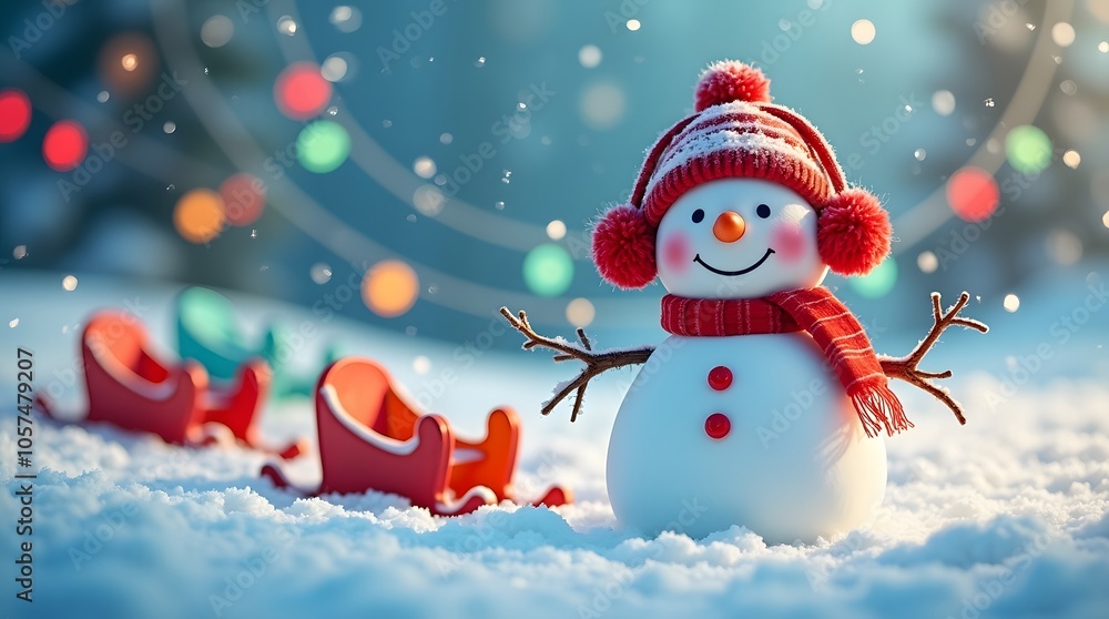 Cheerful snowman in red hat and scarf, snowy scene with sleighs and twinkling lights; winter wonderland. Cheerful snowman in red hat and scarf, snowy scene with sleighs and twinkling lights; winter wonderland.