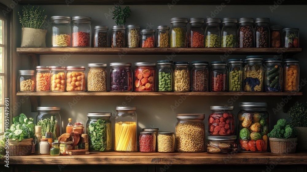 A rustic shelf filled with colorful jars of various preserved foods and ingredients.