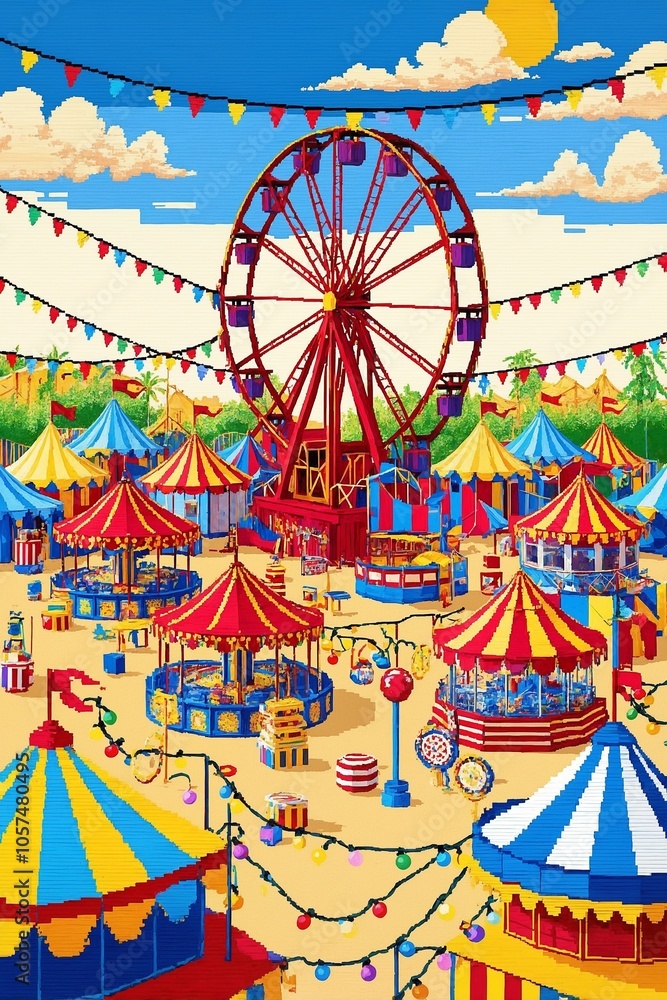 A vibrant carnival with colorful tents and a Ferris wheel under a bright blue sky filled with fluffy clouds A vibrant carnival with colorful tents and a Ferris wheel under a bright blue sky filled with fluffy clouds