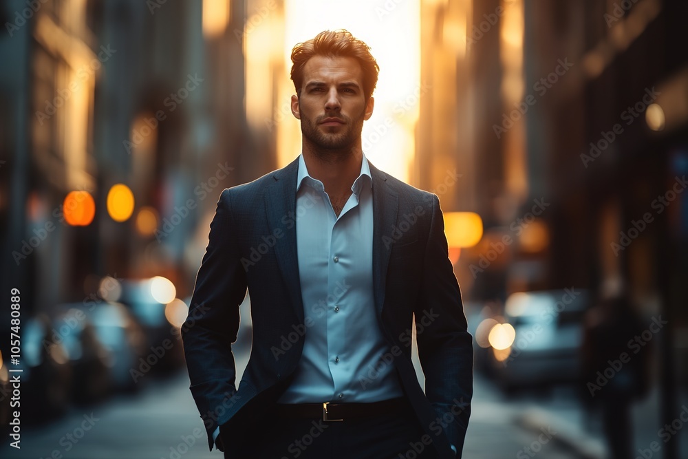 Fototapeta premium Confident businessman walking in city at sunset