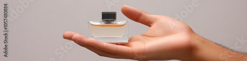 Hand presenting perfume bottle against neutral background