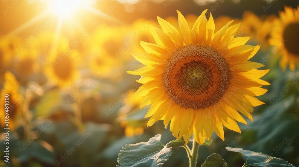 Fototapeta premium A Single Sunflower in a Field Bathed in Golden Sunlight