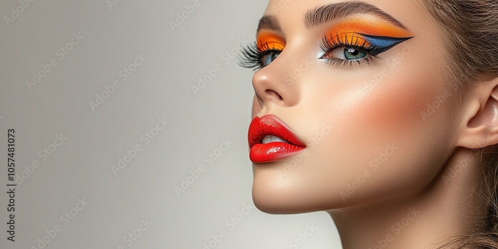 Vibrant makeup on model with space for text on right Vibrant makeup on model with space for text on right