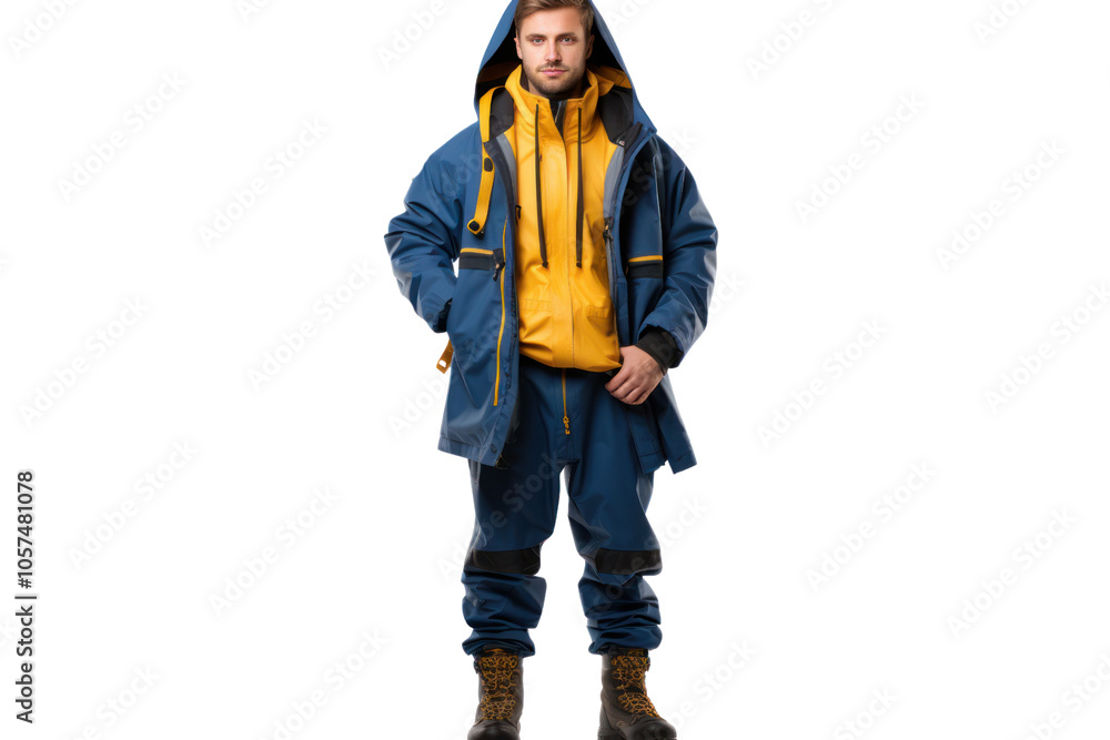 Fisherman wearing a blue rain jacket and yellow boots, isolated on white background Fisherman wearing a blue rain jacket and yellow boots, isolated on white background
