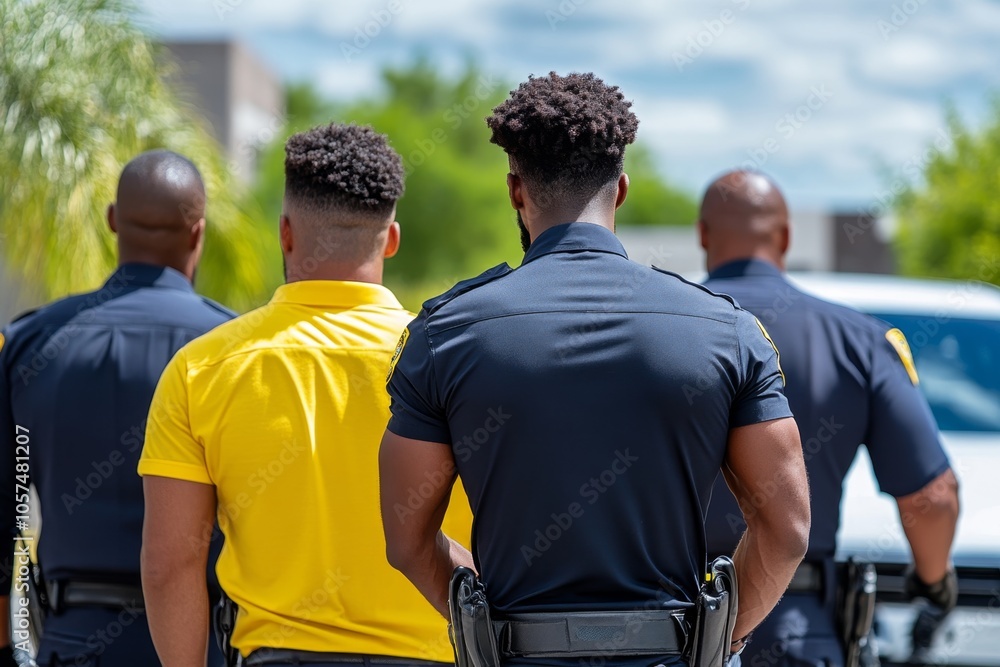 An officer escorting a suspect into a police car while other officers secure the scene, capturing the organized and professional conduct during an arrest, symbolizing order and teamwork An officer escorting a suspect into a police car while other officers secure the scene, capturing the organized and professional conduct during an arrest, symbolizing order and teamwork