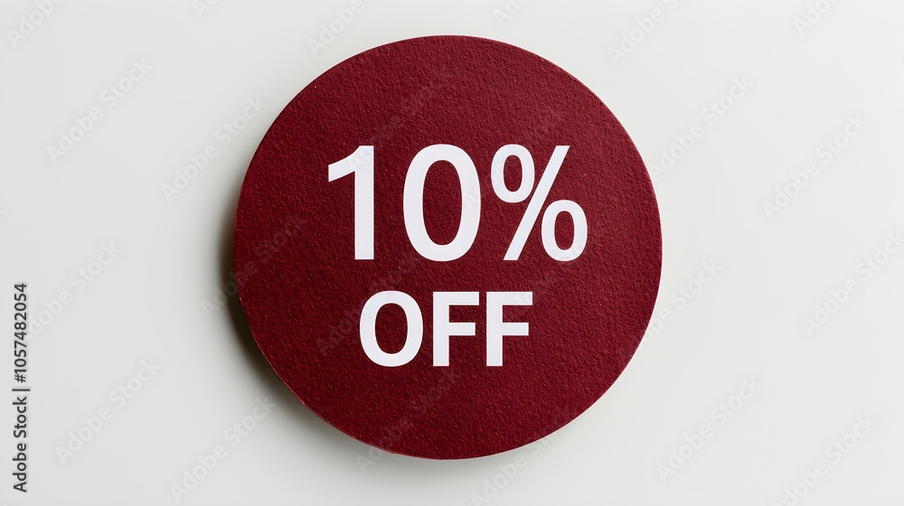 White '10% OFF' Text on a Dark Red Round Paper Note. White Background with Copy Space White '10% OFF' Text on a Dark Red Round Paper Note. White Background with Copy Space