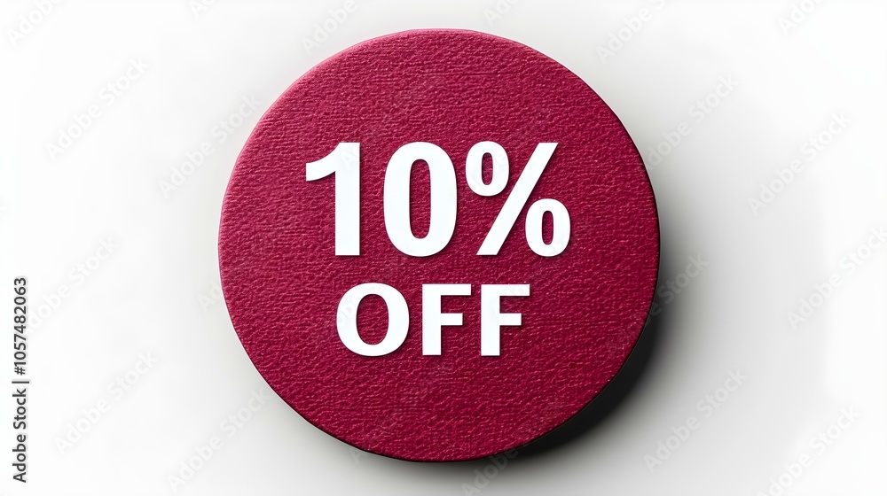 White '10% OFF' Text on a Dark Red Round Paper Note. White Background with Copy Space White '10% OFF' Text on a Dark Red Round Paper Note. White Background with Copy Space