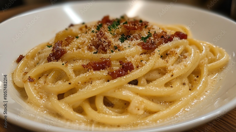 Creamy pasta dish topped with bacon and cheese. Creamy pasta dish topped with bacon and cheese.