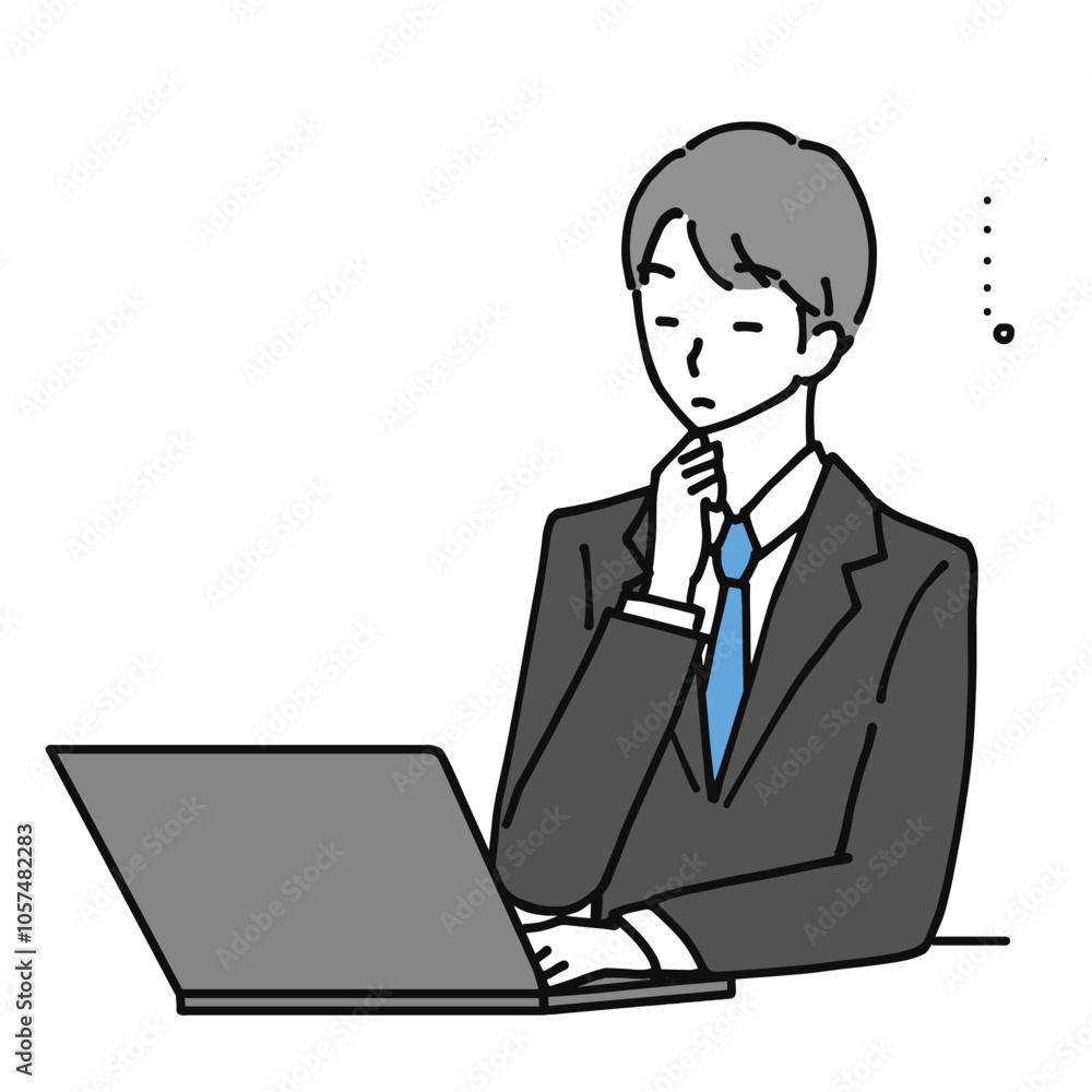 Illustration of a young businessman looking at a laptop computer and thinking. Illustration of a young businessman looking at a laptop computer and thinking.