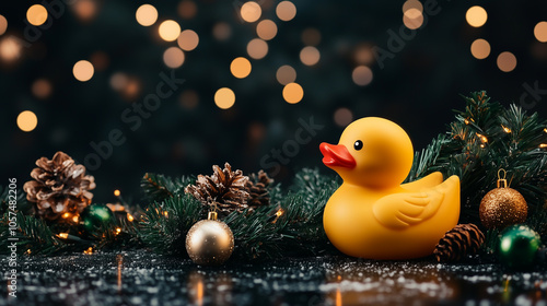 yellow rubber duck and christmas decoration photo