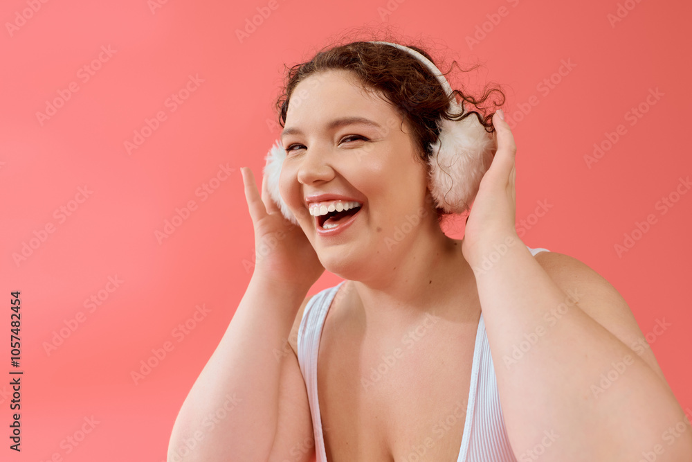 Fototapeta premium A cheerful plus size woman smiles broadly while embracing her love for music on a bright background.
