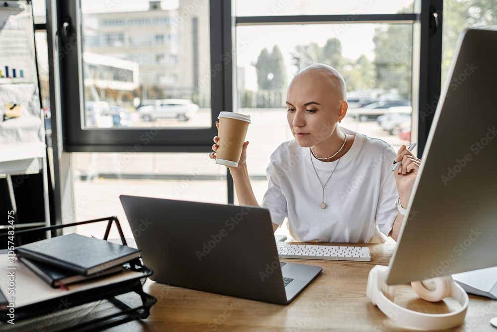 A young bald woman sips coffee while engaging with her laptop in a stylish workspace. A young bald woman sips coffee while engaging with her laptop in a stylish workspace.