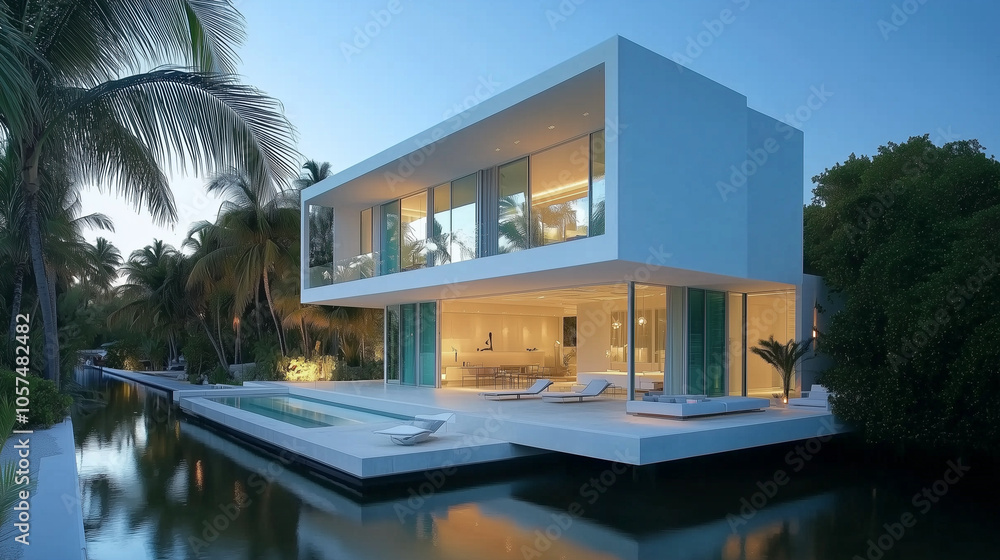 Fototapeta premium モダンでプール付きの建物