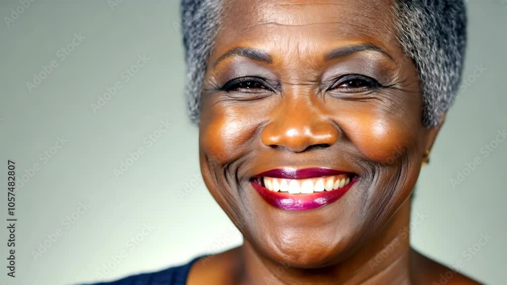 Close-up portrait of a smiling senior Black woman with gray hair and dark skin against a gray background Close-up portrait of a smiling senior Black woman with gray hair and dark skin against a gray background
