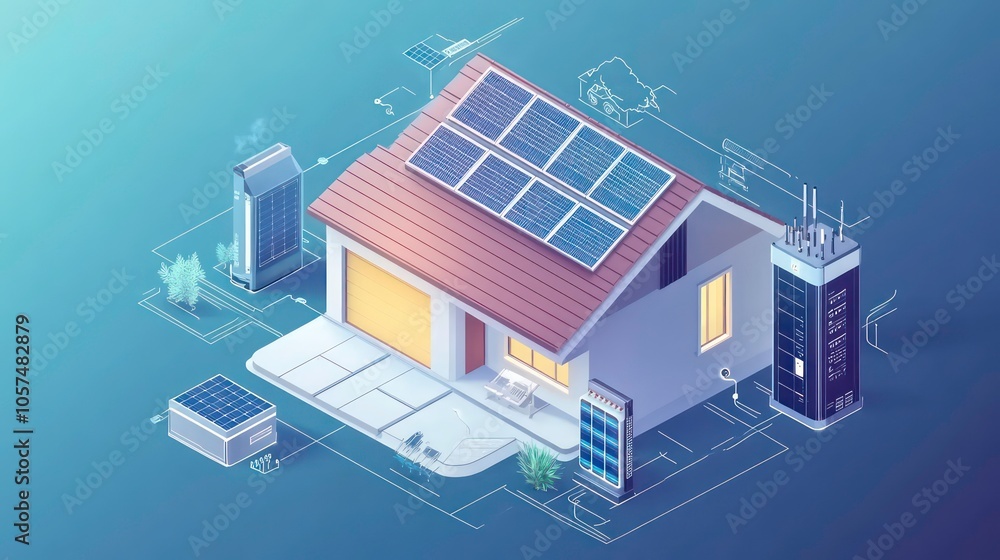 A modern house with solar panels and energy-efficient features depicted in a graphic style. A modern house with solar panels and energy-efficient features depicted in a graphic style.