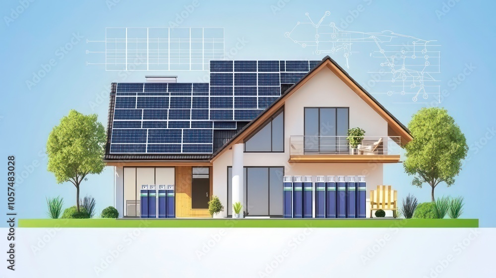 A modern house with solar panels, surrounded by trees and a tranquil landscape. A modern house with solar panels, surrounded by trees and a tranquil landscape.