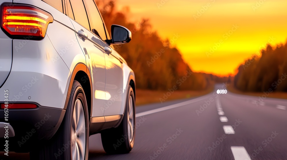 Sleek silver vehicle smoothly cruising down a wide open highway at golden hour with the setting sun casting a warm luminous glow across the asphalt road and surrounding landscape Sleek silver vehicle smoothly cruising down a wide open highway at golden hour with the setting sun casting a warm luminous glow across the asphalt road and surrounding landscape