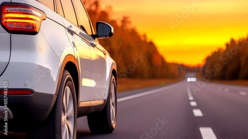 Sleek silver vehicle smoothly cruising down a wide open highway at golden hour with the setting sun casting a warm luminous glow across the asphalt road and surrounding landscape