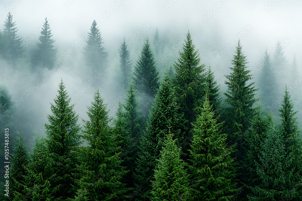 Fototapeta premium Captivating high-altitude view of lush forest landscapes enveloped in mist and subtle light pollution a serene nature experience