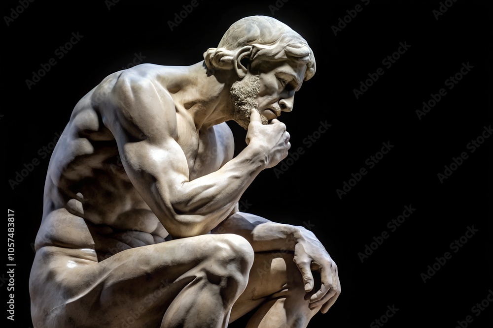 Detailed close-up of a classic marble statue depicting a man deep in thought, capturing the essence of contemplation and philosophy.