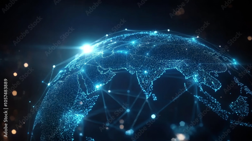 Concept of a blue-glowing global network around Earth, highlighting technology and information flow Concept of a blue-glowing global network around Earth, highlighting technology and information flow