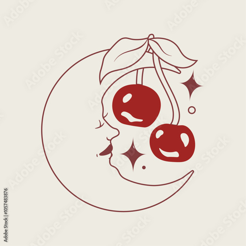 Red Cherries and Smiling Crescent Moon