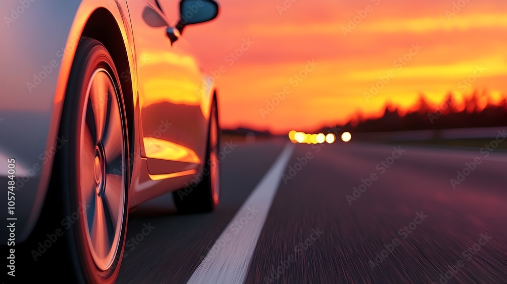 Sunset Lit Silver Car Gliding Along Smooth Asphalt Highway Through Scenic Landscape Sunset Lit Silver Car Gliding Along Smooth Asphalt Highway Through Scenic Landscape