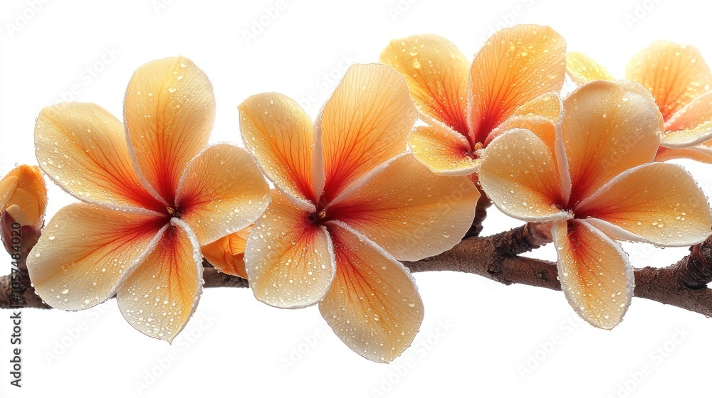 A branch of vibrant plumeria flowers with water droplets. A branch of vibrant plumeria flowers with water droplets.