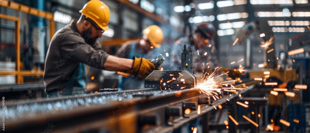 Hardworking men in protective gear work with sparks flying in a bustling factory, epitomizing precision and teamwork. Hardworking men in protective gear work with sparks flying in a bustling factory, epitomizing precision and teamwork.