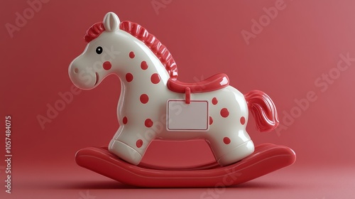 A 3D rocking horse toy with a blank label hanging from the handle.