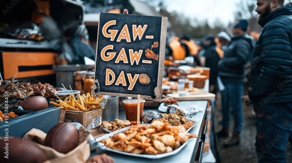 Outdoor food stall with sign, serving fried chicken, fries, and various dishes during a casual gathering or festival in a park setting. People dressed warmly are visible in the background. Outdoor food stall with sign, serving fried chicken, fries, and various dishes during a casual gathering or festival in a park setting. People dressed warmly are visible in the background.