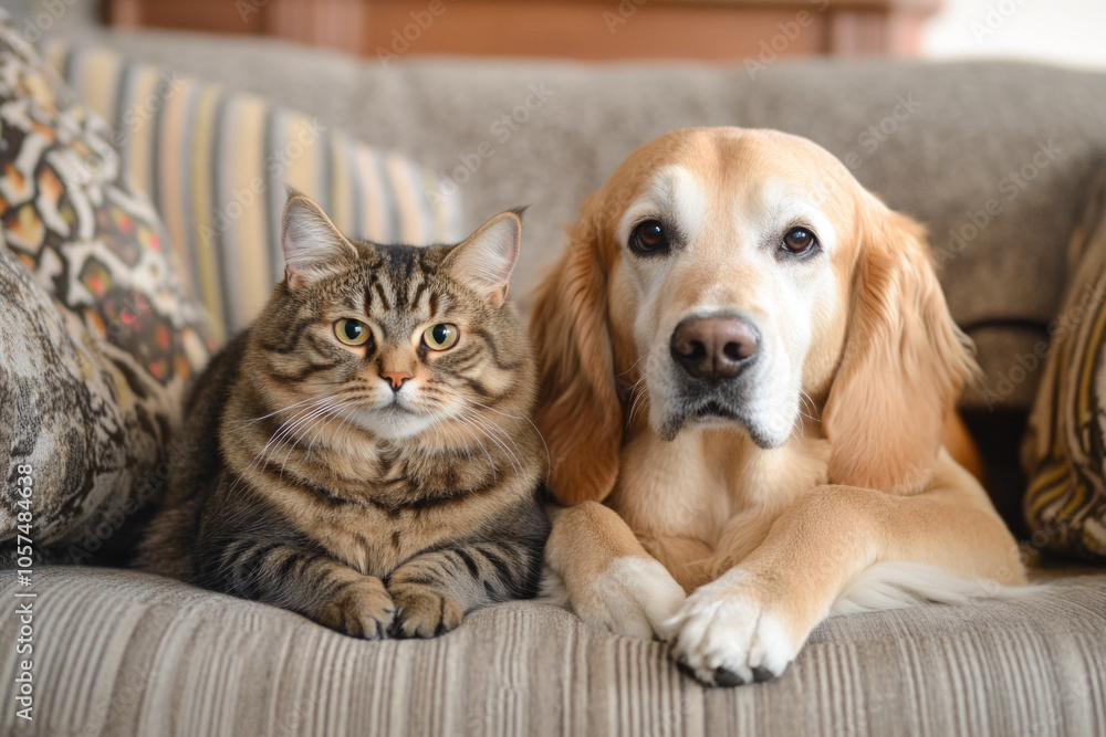 Cozy companions: fluffy cat and golden retriever resting together on a comfortable couch Cozy companions: fluffy cat and golden retriever resting together on a comfortable couch