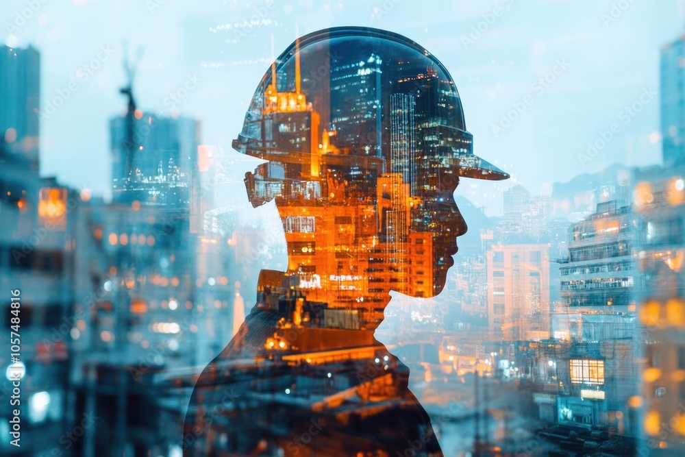 double exposure of engineer with safety helmet double exposure of engineer with safety helmet