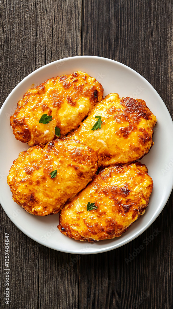 Four delicious chicken breast cutlets with cheese crust lying on white plate on dark wooden table, top view Four delicious chicken breast cutlets with cheese crust lying on white plate on dark wooden table, top view