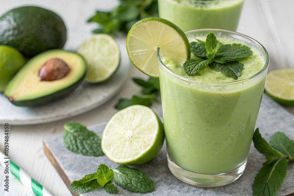 Creamy avocado lime smoothie garnished with fresh mint, perfect for a refreshing and healthy drink, surrounded by avocado and lime on a light surface. Creamy avocado lime smoothie garnished with fresh mint, perfect for a refreshing and healthy drink, surrounded by avocado and lime on a light surface.