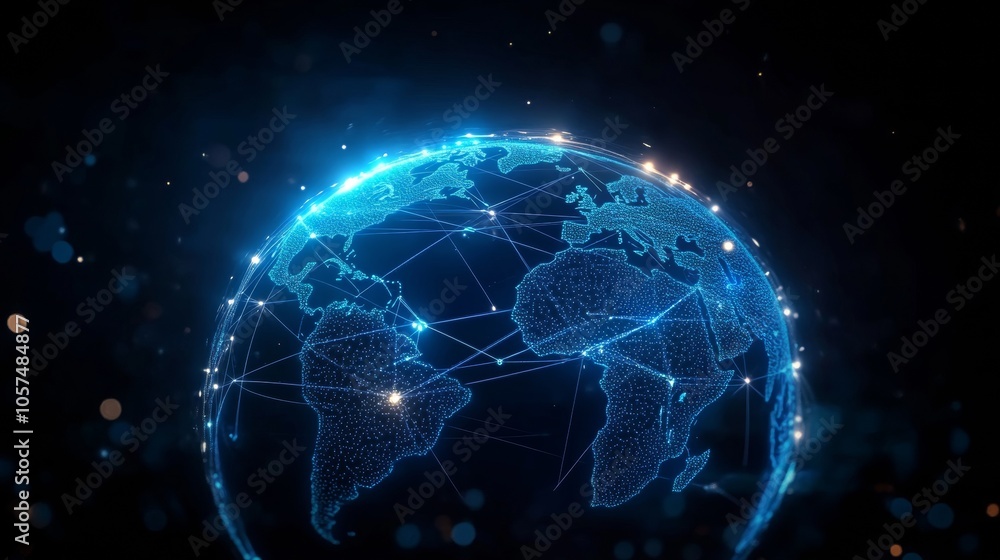 Digital blue-lit global network wrapping around Earth, showcasing technology for business and information exchange Digital blue-lit global network wrapping around Earth, showcasing technology for business and information exchange
