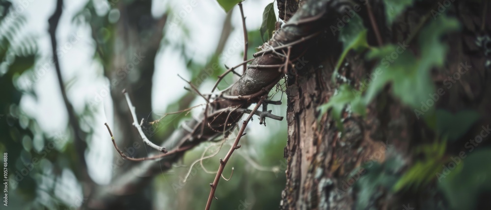 Entwined branches and foliage against a tree, conveying a sense of nature's intricate and resilient growth patterns. Entwined branches and foliage against a tree, conveying a sense of nature's intricate and resilient growth patterns.