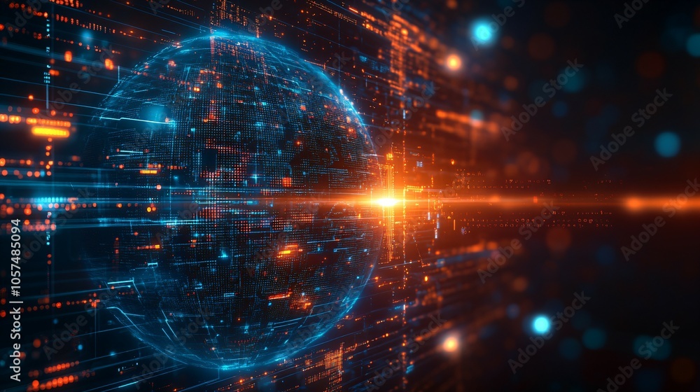 Futuristic transparent world globe, advanced high technology holographic 3d digital interface background, node and data stream of cognitive science AI global network finance security and blockchain Futuristic transparent world globe, advanced high technology holographic 3d digital interface background, node and data stream of cognitive science AI global network finance security and blockchain