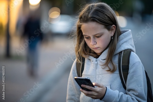 Young girl wearing a hoodie, walking alone on a city street, deeply focused on her smartphone, symbolizing technology's impact on youth and modern life