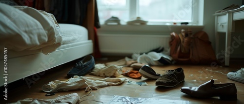 A cozy bedroom is messily adorned with scattered clothes and shoes, capturing the chaos and comfort of everyday life. photo