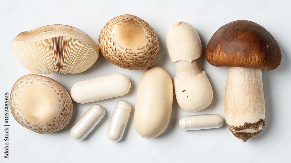 Assorted mushrooms and capsules placed on a white background, showcasing the natural and supplement forms of fungal nutrition. Assorted mushrooms and capsules placed on a white background, showcasing the natural and supplement forms of fungal nutrition.