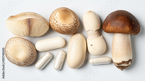 Assorted mushrooms and capsules placed on a white background, showcasing the natural and supplement forms of fungal nutrition. photo