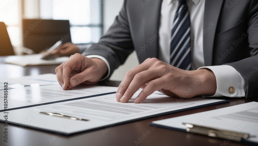 A businessman in a suit reviews documents on a desk, focusing intently alongside another person in a modern office setting. A businessman in a suit reviews documents on a desk, focusing intently alongside another person in a modern office setting.