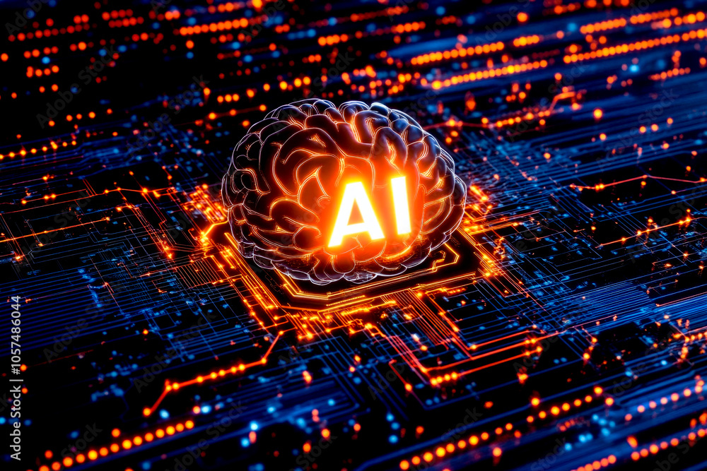 Futuristic ai brain on digital circuit board with glowing microchip elements Futuristic ai brain on digital circuit board with glowing microchip elements