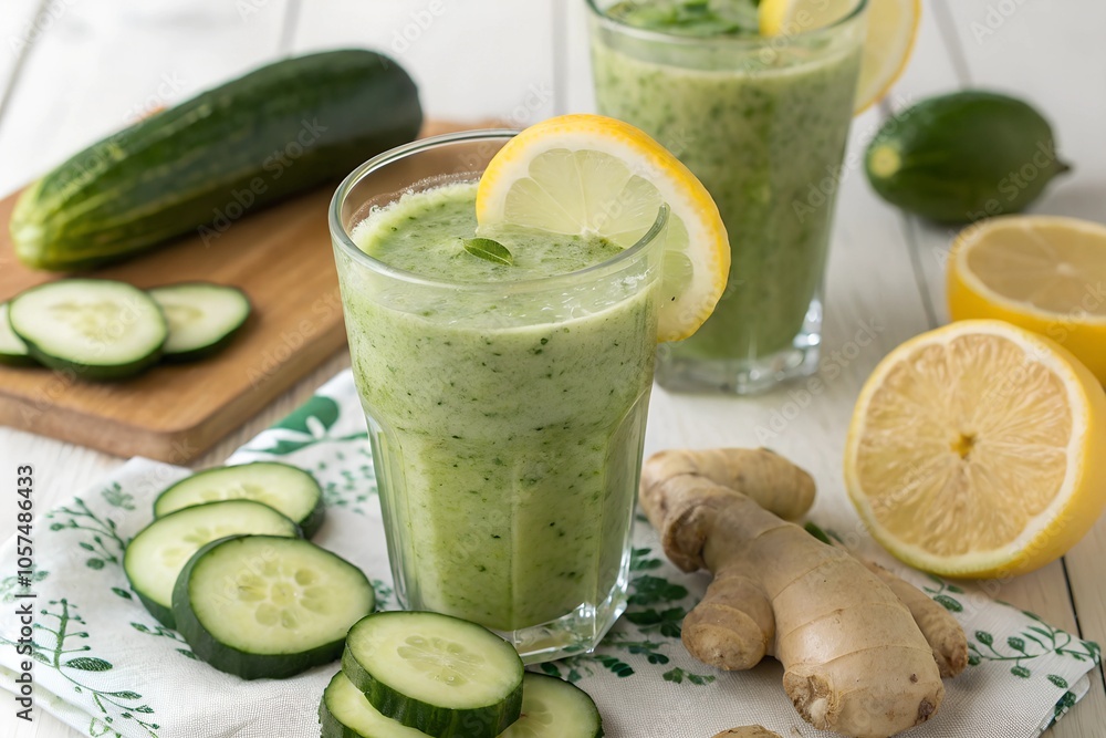 Fresh cucumber, ginger, and lemon smoothie in a glass, a healthy detox drink perfect for hydration and wellness, displayed with ingredients on a light wooden background. Fresh cucumber, ginger, and lemon smoothie in a glass, a healthy detox drink perfect for hydration and wellness, displayed with ingredients on a light wooden background.