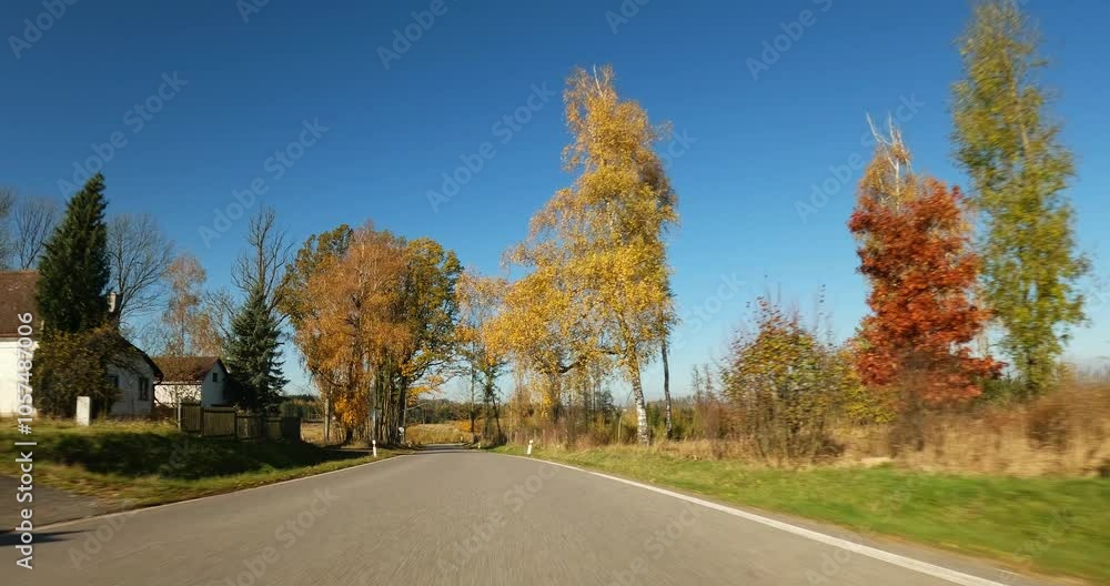 Car drive in fall autumn landscape, POV view from car, fall colored trees in countryside landscape with blue sky in sunny day. Car drive in fall autumn landscape, POV view from car, fall colored trees in countryside landscape with blue sky in sunny day.