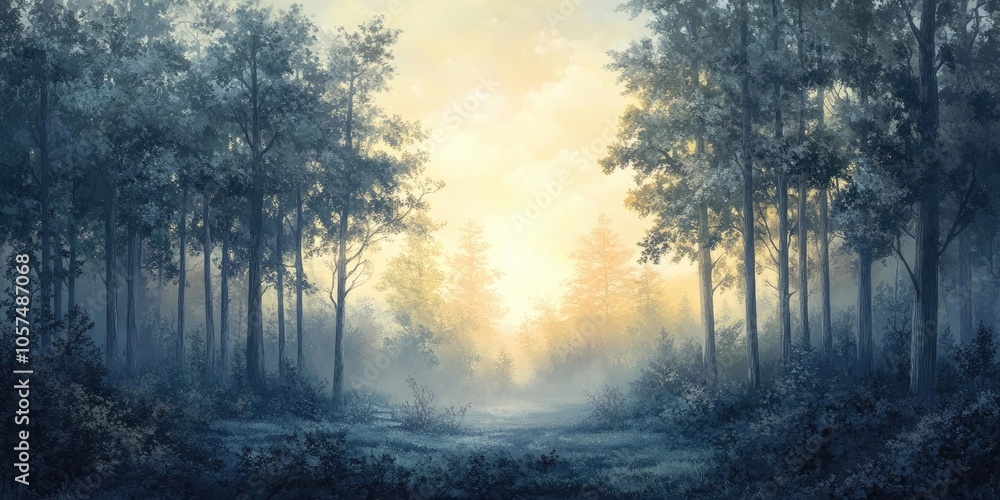 Tranquil forest enveloped in mist during sunrise radiates a gentle, soft light, creating a serene and peaceful landscape atmosphere. Tranquil forest enveloped in mist during sunrise radiates a gentle, soft light, creating a serene and peaceful landscape atmosphere.