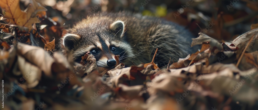 A raccoon peers curiously through crisp autumn leaves, its fur blending with the earthy colors of the forest floor, capturing a moment of nature's tranquility. A raccoon peers curiously through crisp autumn leaves, its fur blending with the earthy colors of the forest floor, capturing a moment of nature's tranquility.