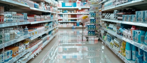 A sleek supermarket aisle lined with colorful products reflects bright lights, showcasing consumerism in an organized chaos.
