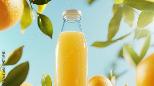 Freshly squeezed lemon juice in a glass bottle surrounded by vibrant green leaves and ripe oranges under a clear blue sky